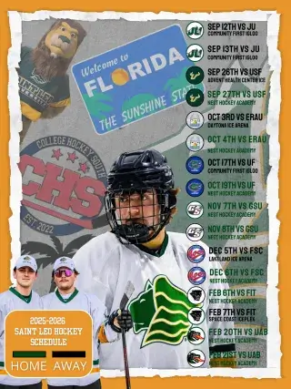 2025–2026 Saint Leo University Hockey Schedule poster featuring players in white jerseys with green and gold lion logo, mascot, and College Hockey South emblem